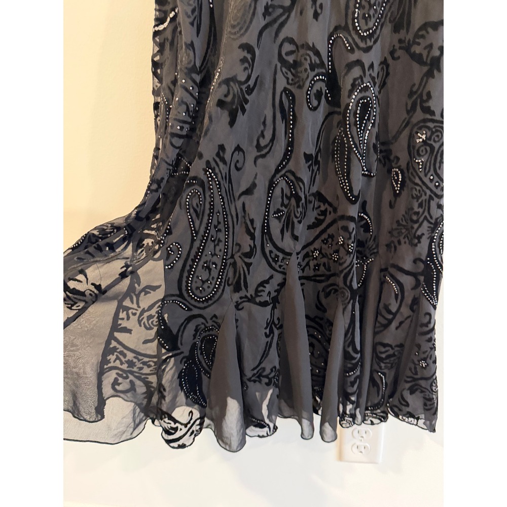 SL Fashions Black Paisley Velvet Burnout Rhinestone Godet Hem Dress Size 10 - Picture 6 of 11